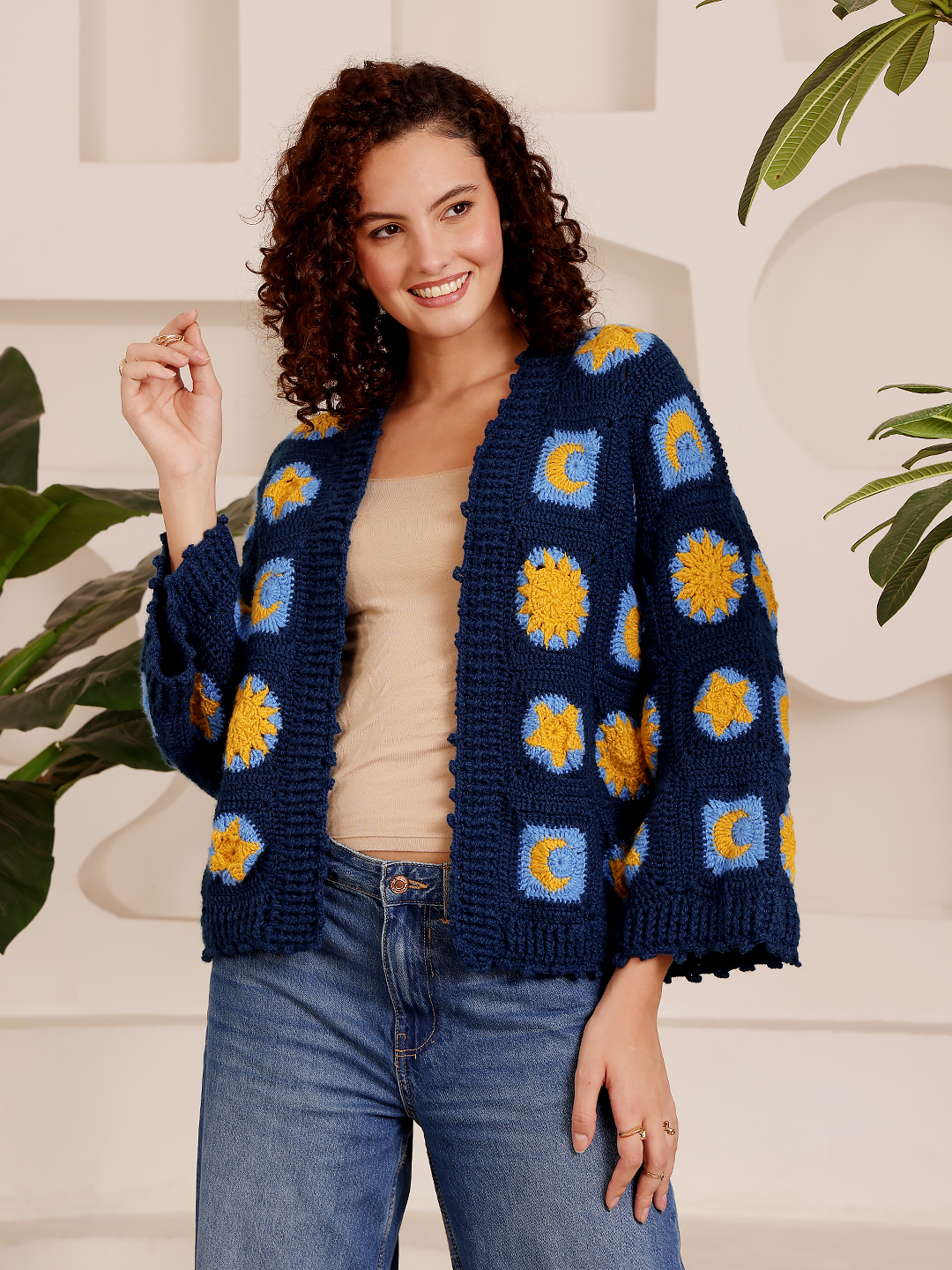 Granny Square Pattern Blue and Yellow Sweater - Blue