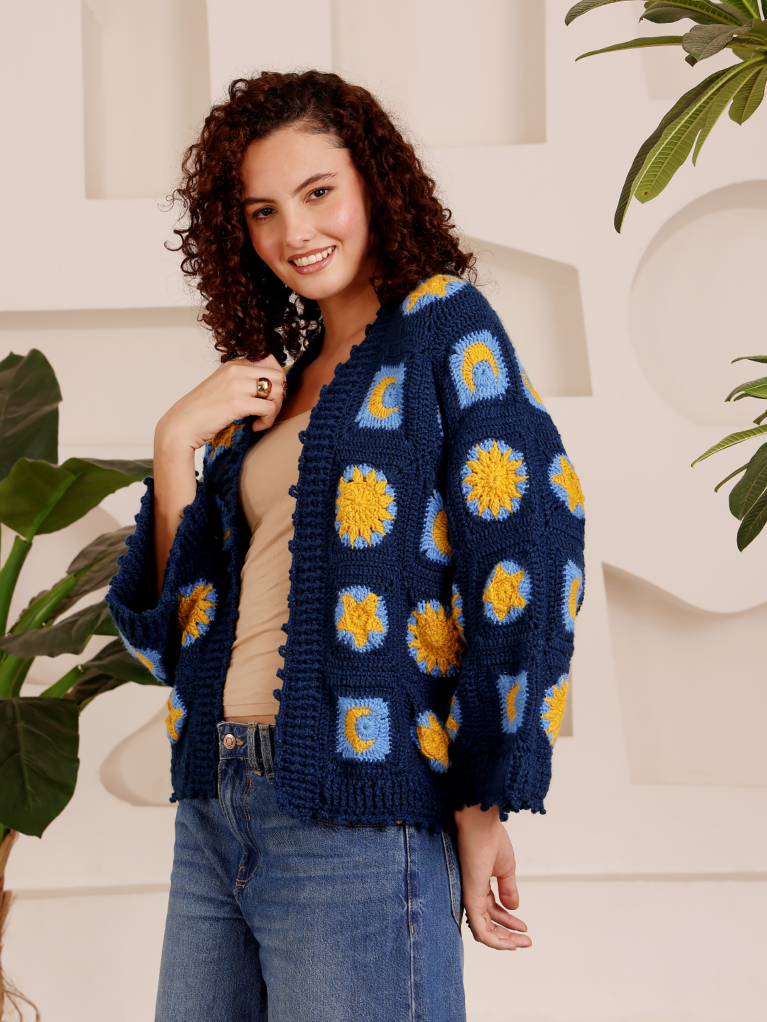 Granny Square Pattern Blue and Yellow Sweater - Blue