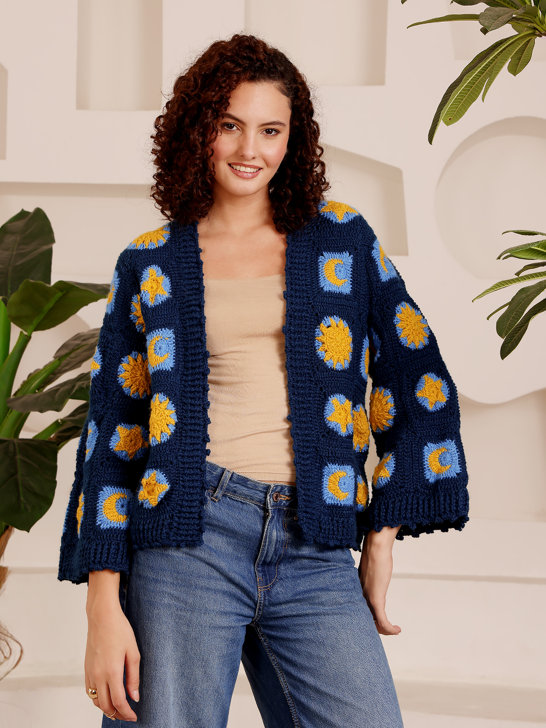 Granny Square Pattern Blue and Yellow Sweater - Blue