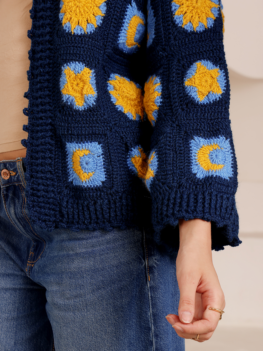 Granny Square Pattern Blue and Yellow Sweater - Blue
