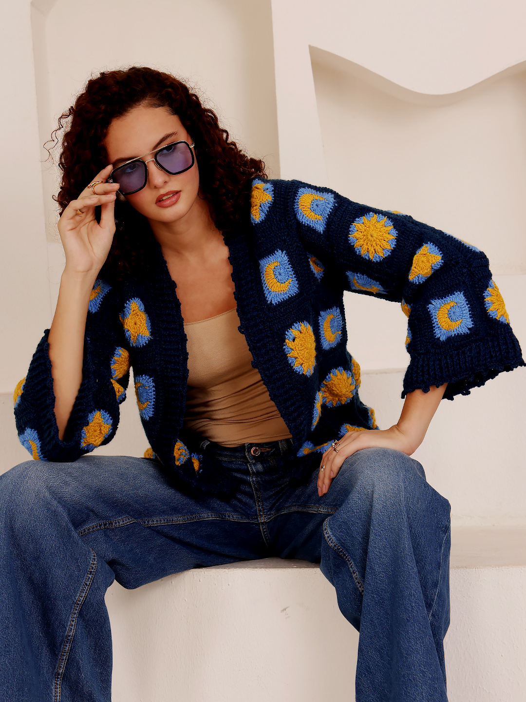 Granny Square Pattern Blue and Yellow Sweater - Blue