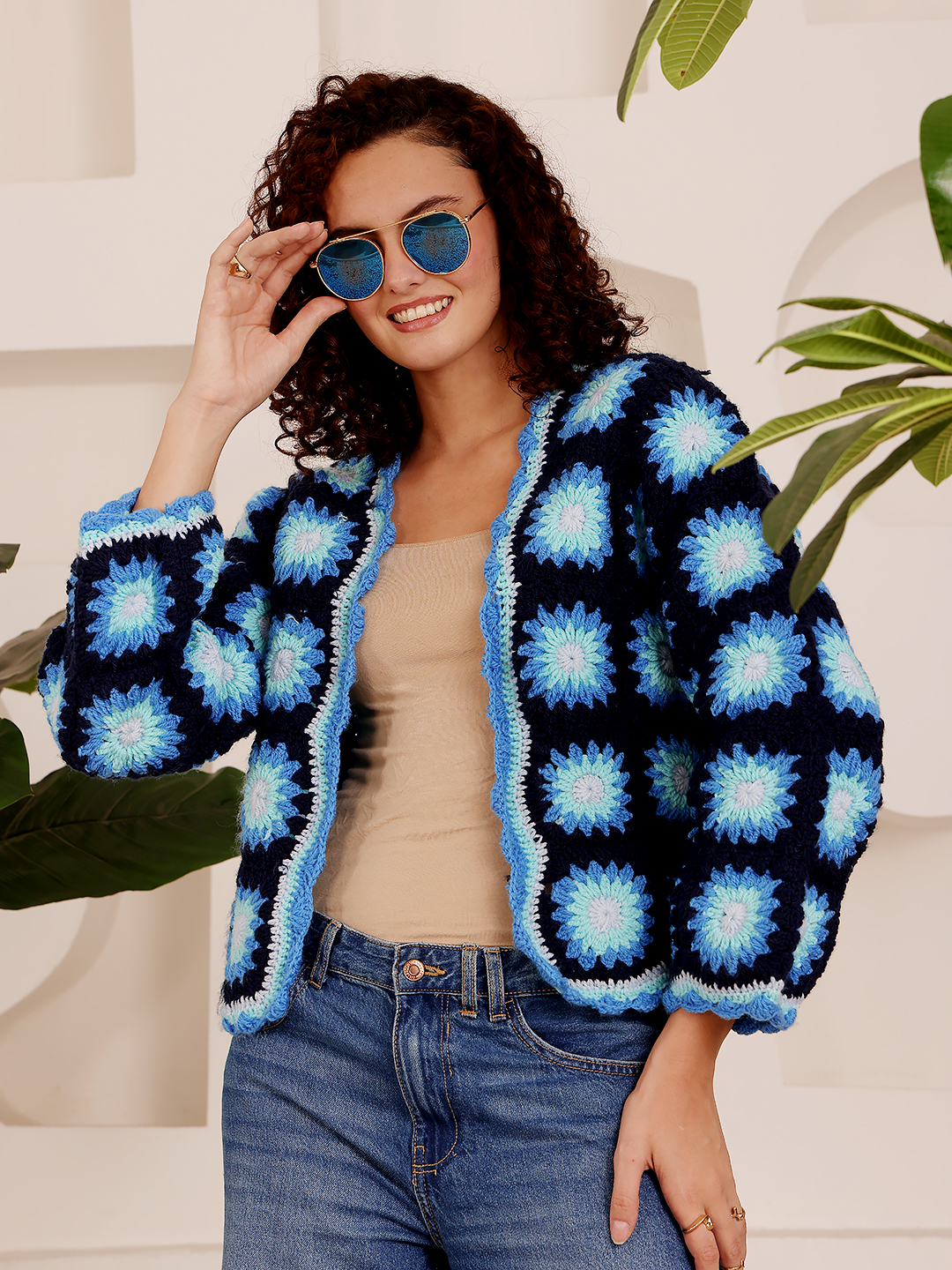 Granny Square Crochet Cardigan - Navy Blue