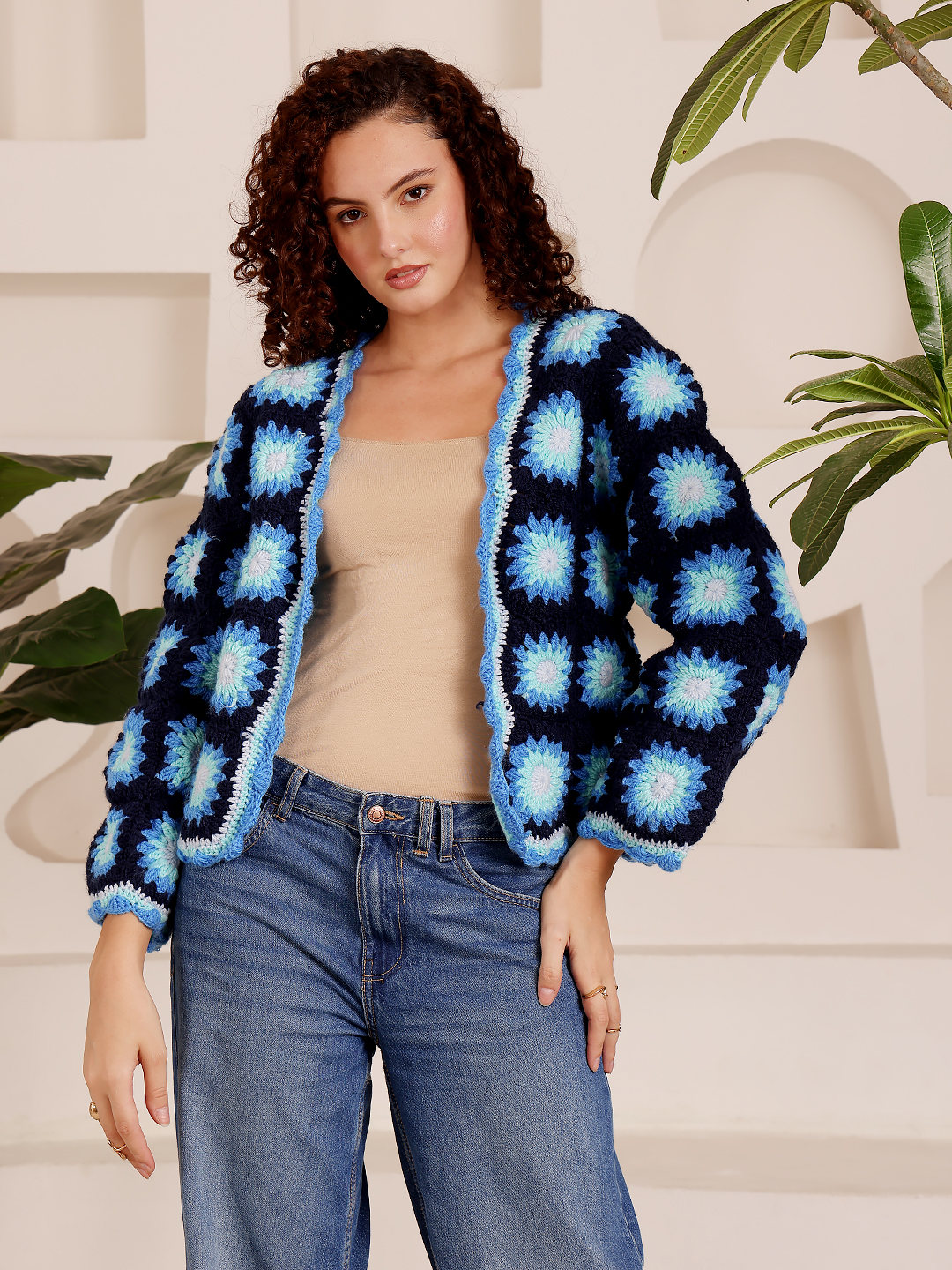 Granny Square Crochet Cardigan - Navy Blue