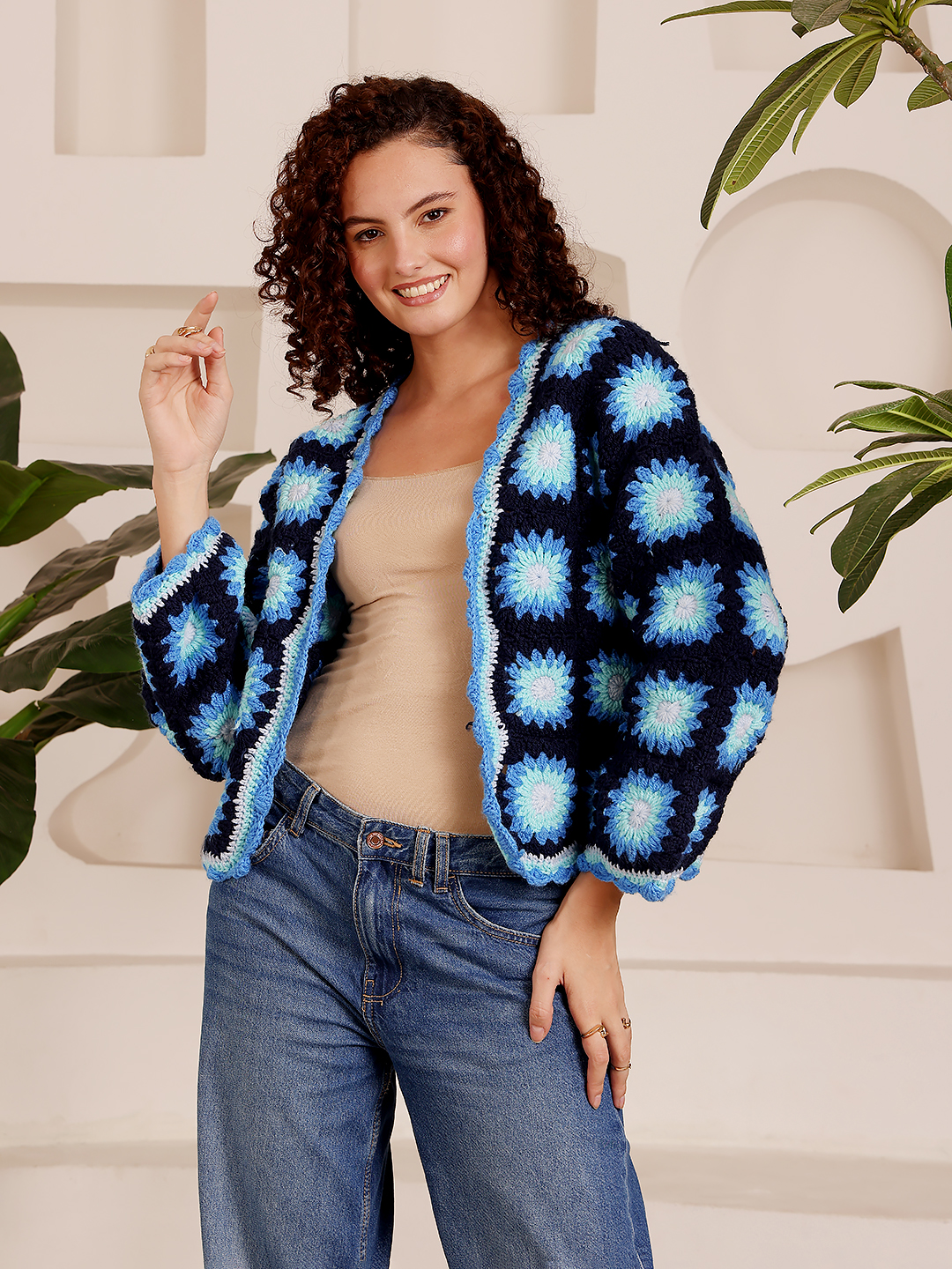 Granny Square Crochet Cardigan - Navy Blue