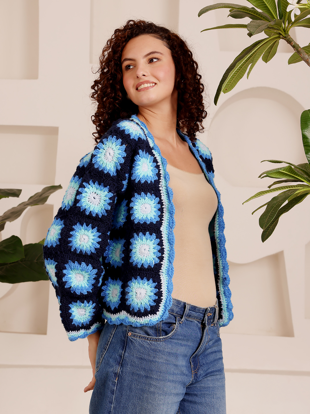 Granny Square Crochet Cardigan - Navy Blue