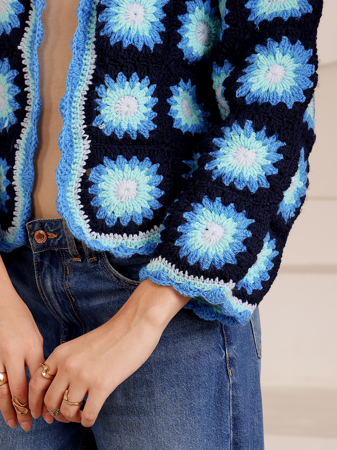 Granny Square Crochet Cardigan - Navy Blue