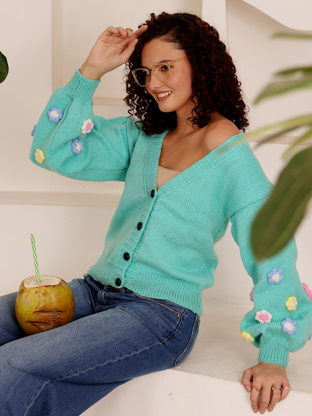 Knit Cropped Sweater Floral Applique -  Green