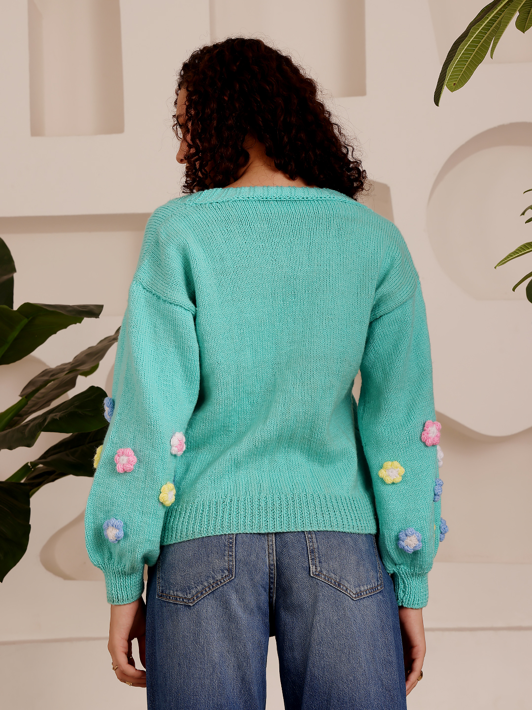 Knit Cropped Sweater Floral Applique -  Green