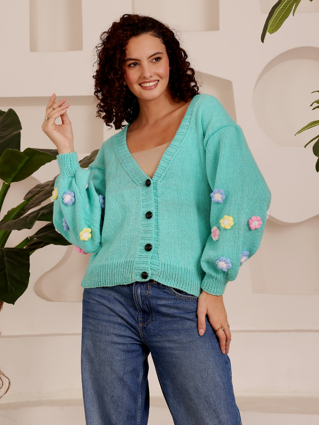 Knit Cropped Sweater Floral Applique -  Green