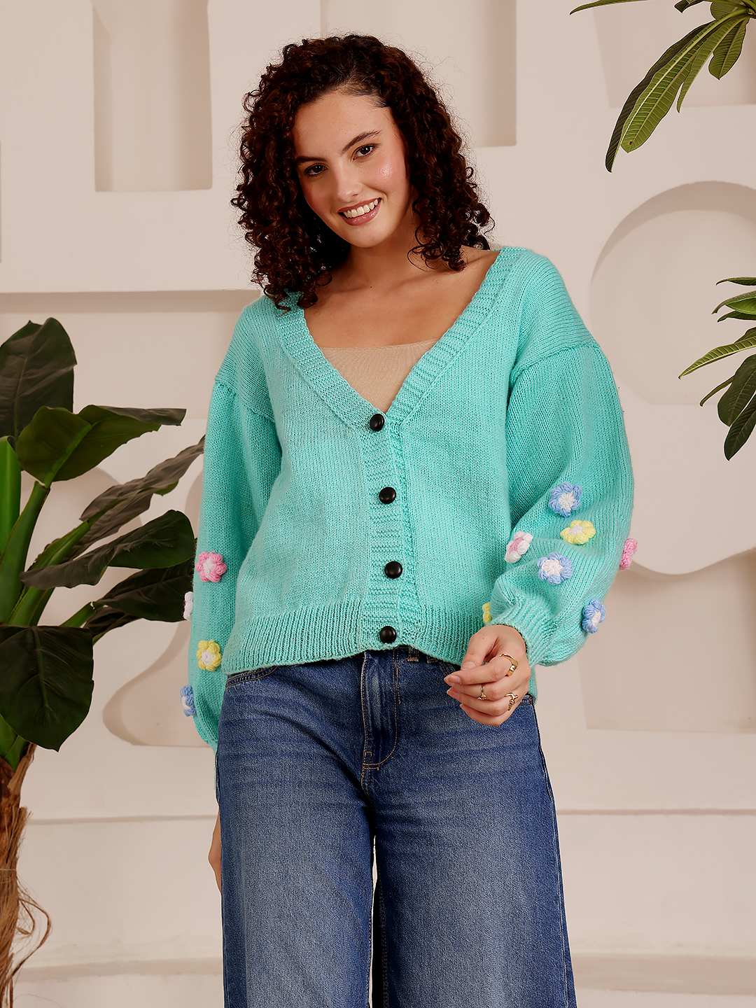 Knit Cropped Sweater Floral Applique -  Green