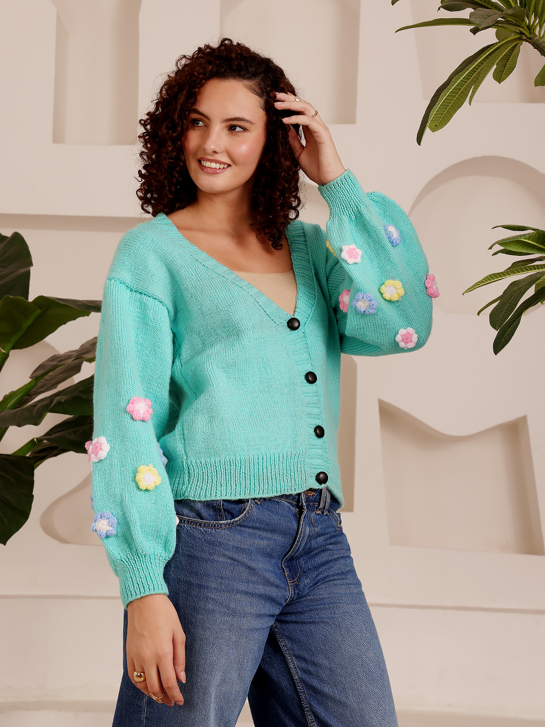 Knit Cropped Sweater Floral Applique -  Green