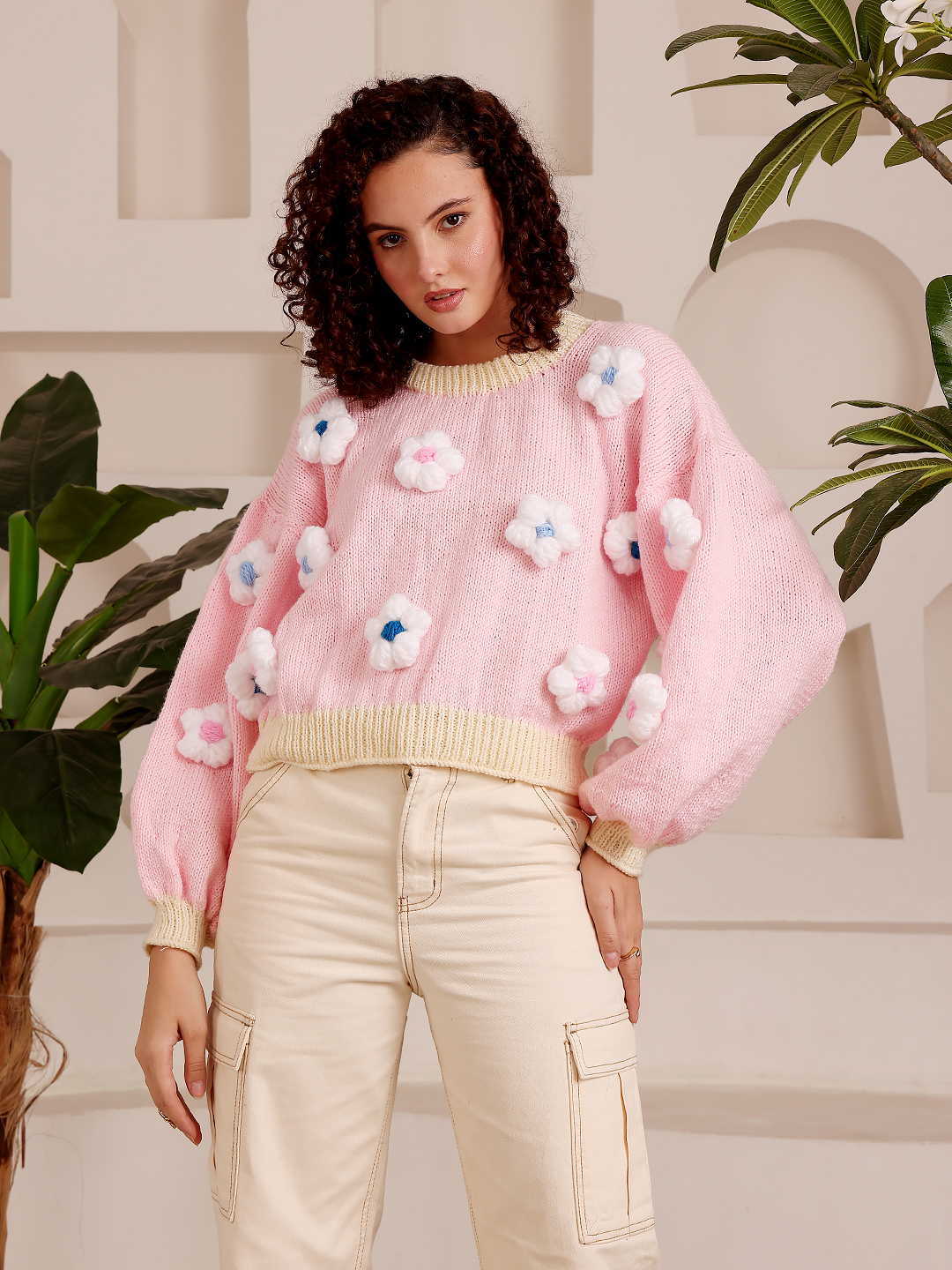 3D Floral Design Sweater - Pink