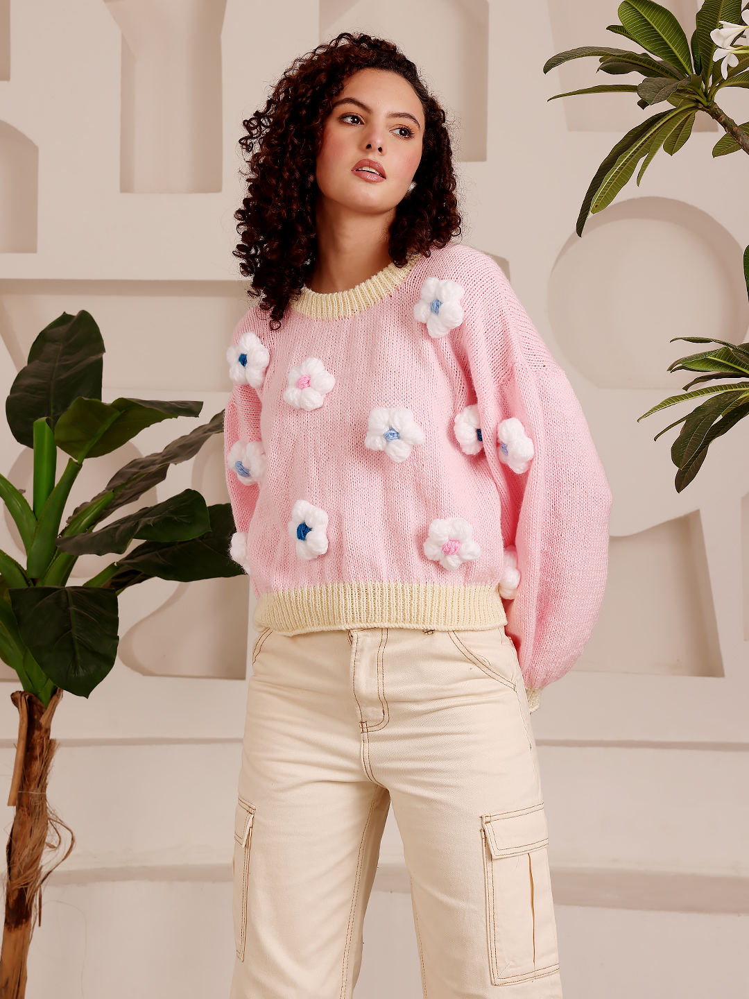 3D Floral Design Sweater - Pink