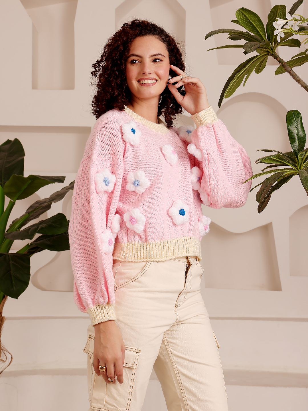 3D Floral Design Sweater - Pink