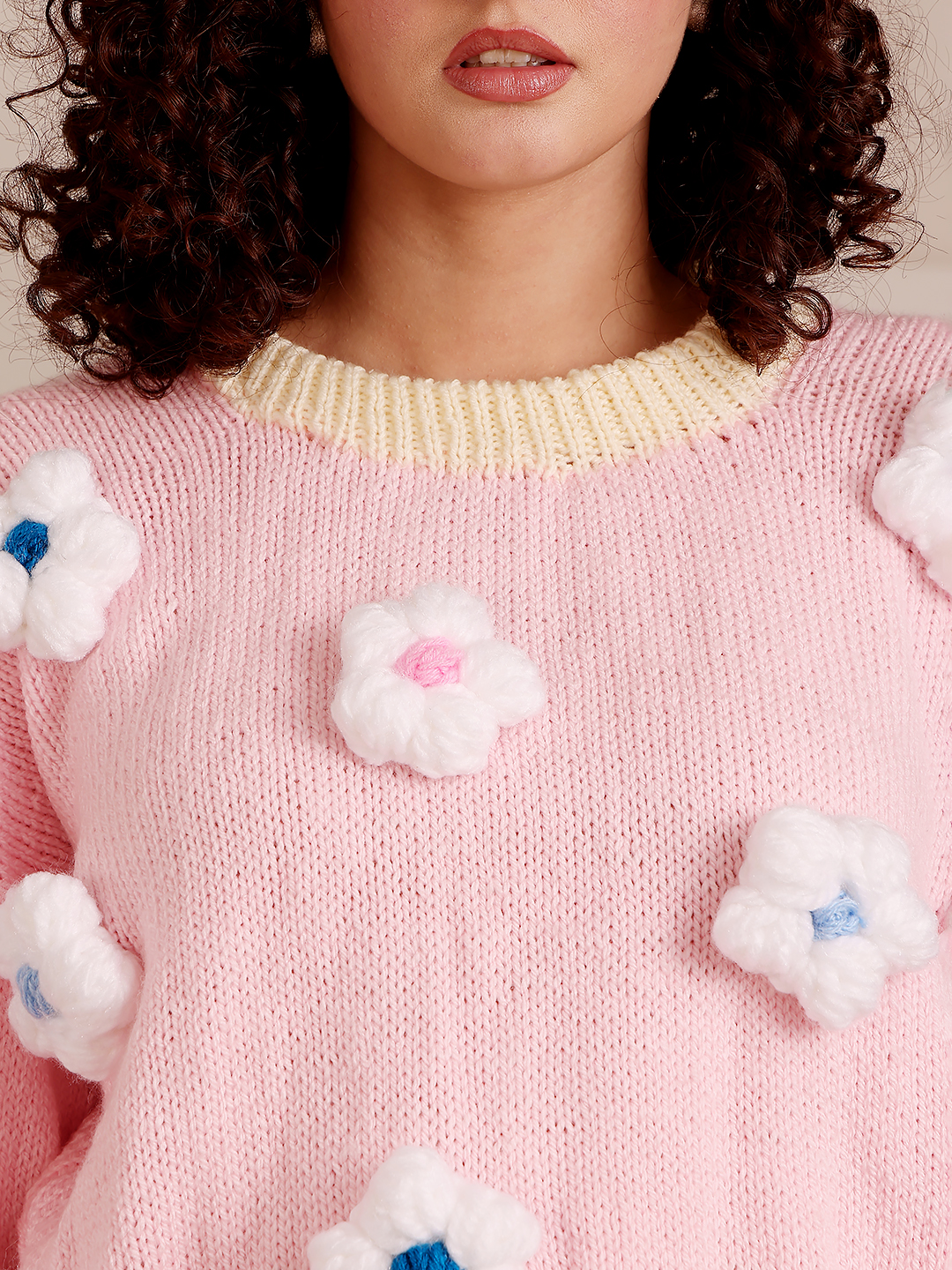 3D Floral Design Sweater - Pink