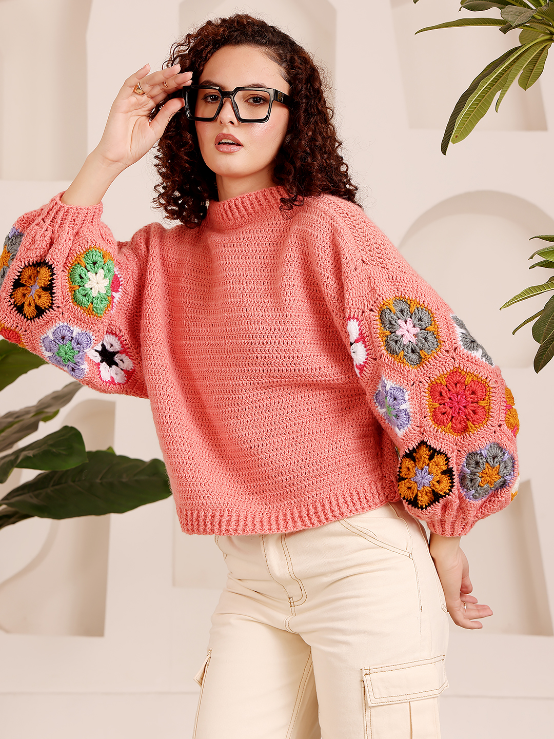 Crochet Floral Motif Sweater - Peach