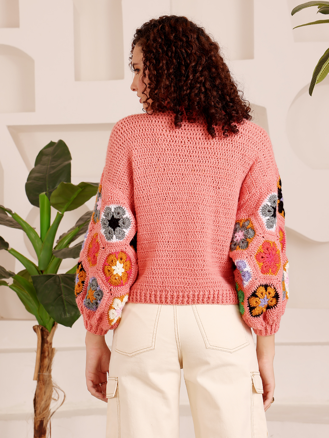 Crochet Floral Motif Sweater - Peach