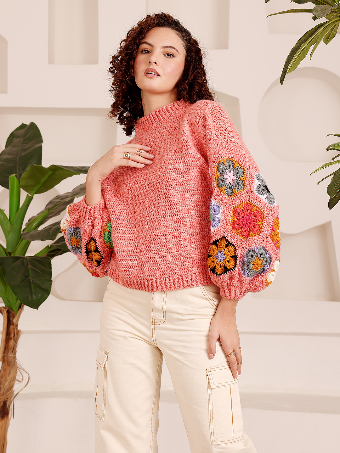 Crochet Floral Motif Sweater - Peach