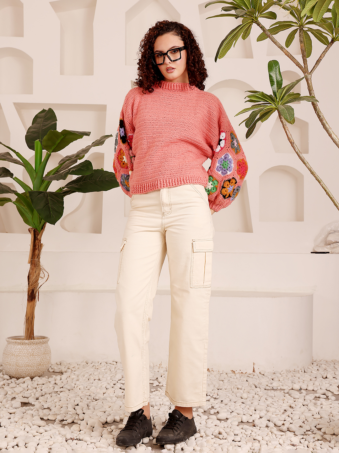 Crochet Floral Motif Sweater - Peach