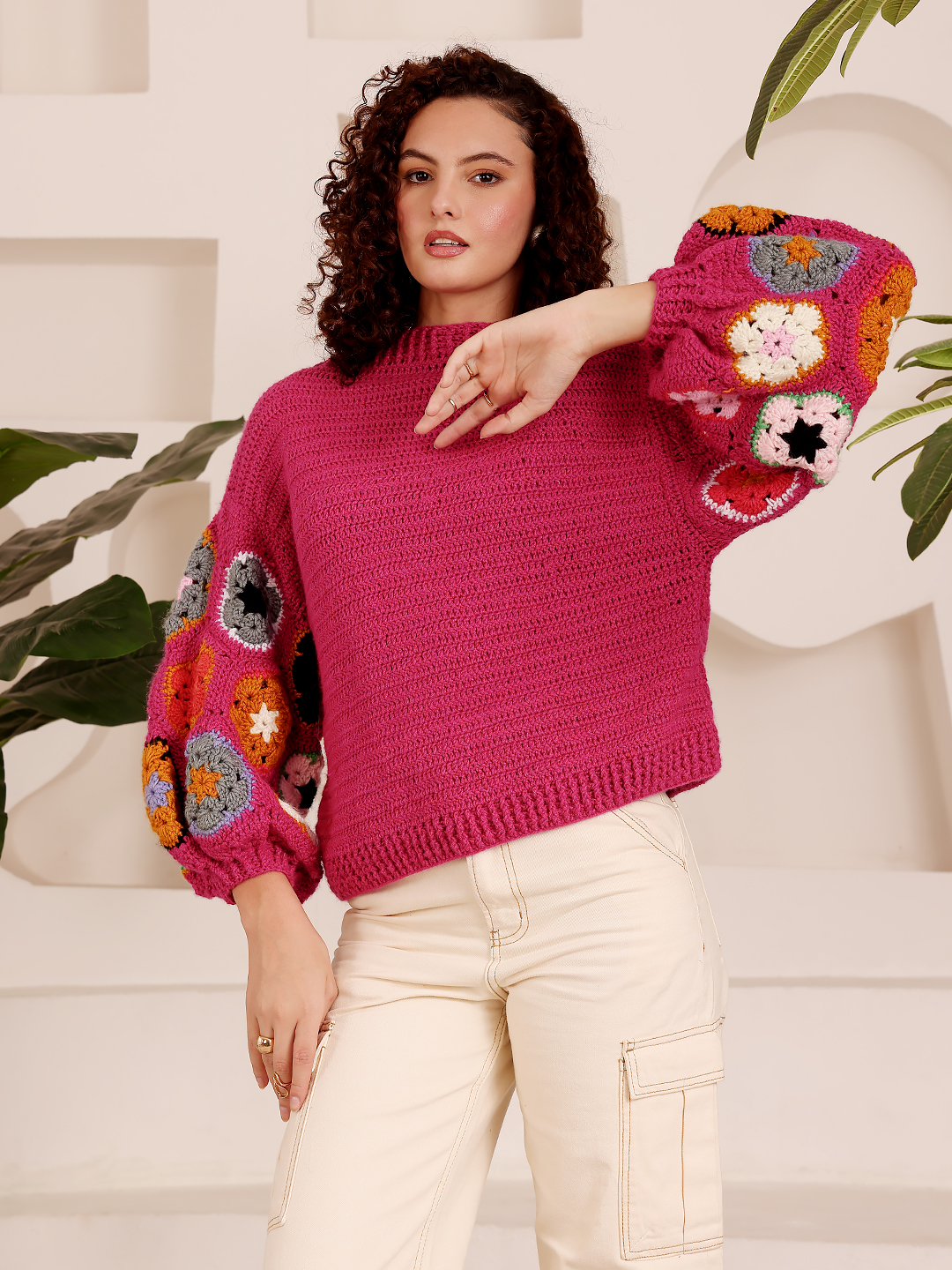 Crochet Colorful Floral Motif Sweater - Pink