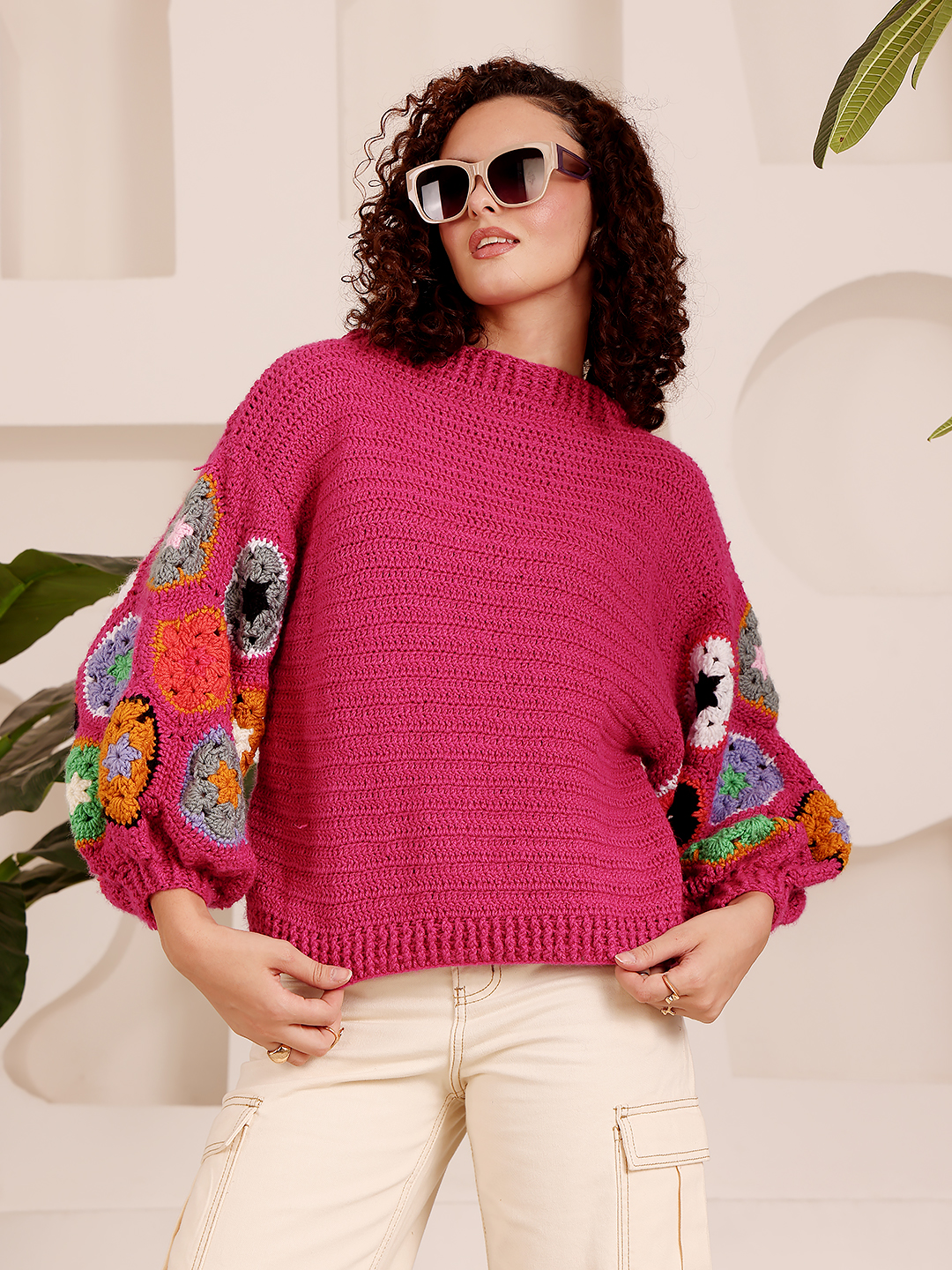 Crochet Colorful Floral Motif Sweater - Pink