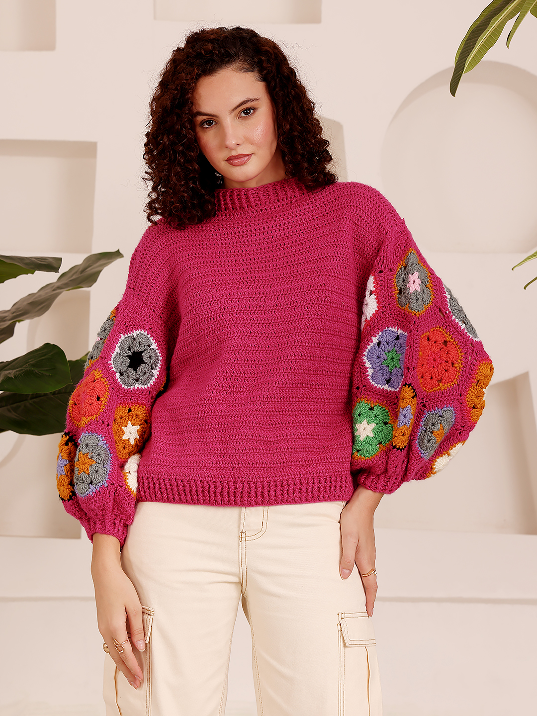 Crochet Colorful Floral Motif Sweater - Pink