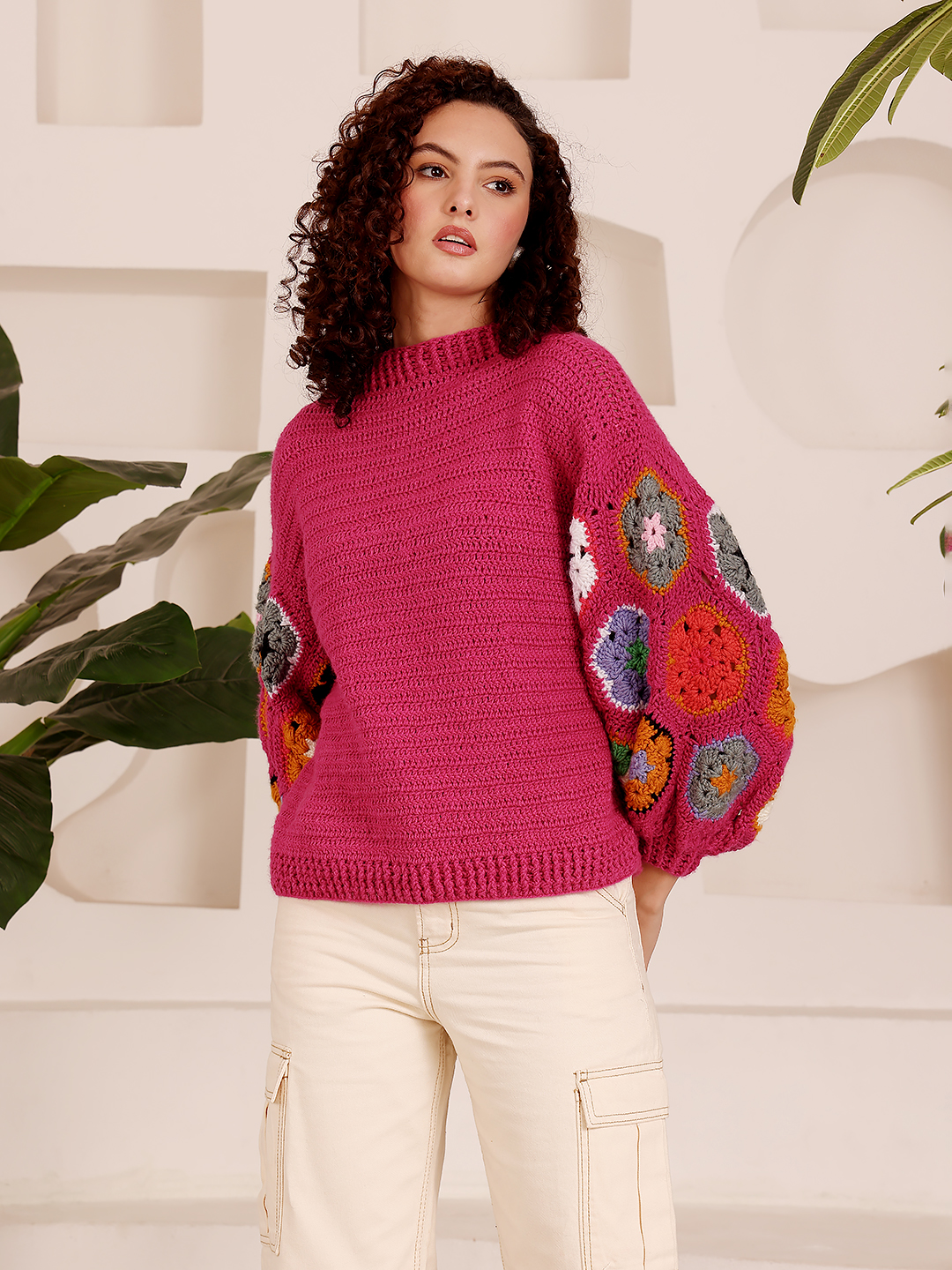 Crochet Colorful Floral Motif Sweater - Pink