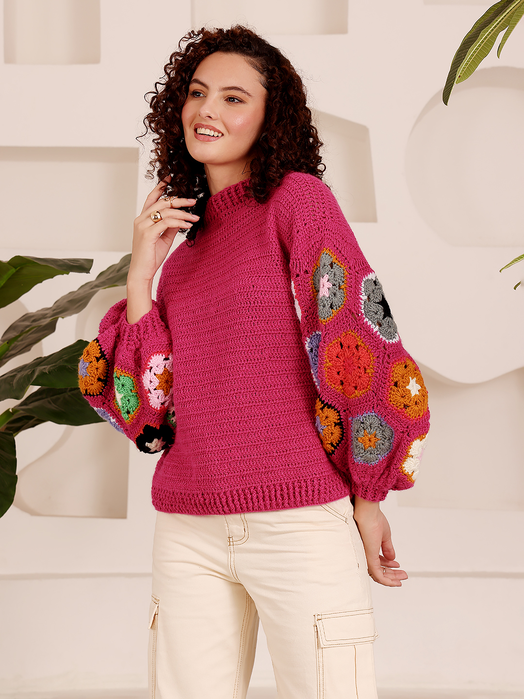 Crochet Colorful Floral Motif Sweater - Pink