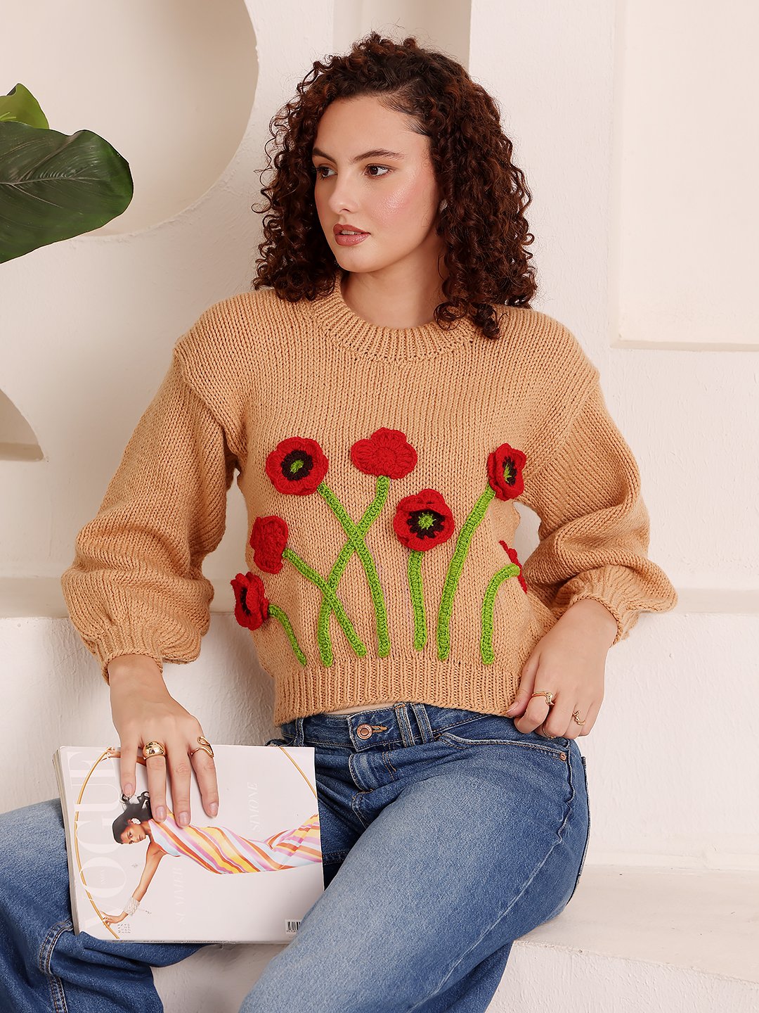 Embroidered Poppy Sweater - Beige