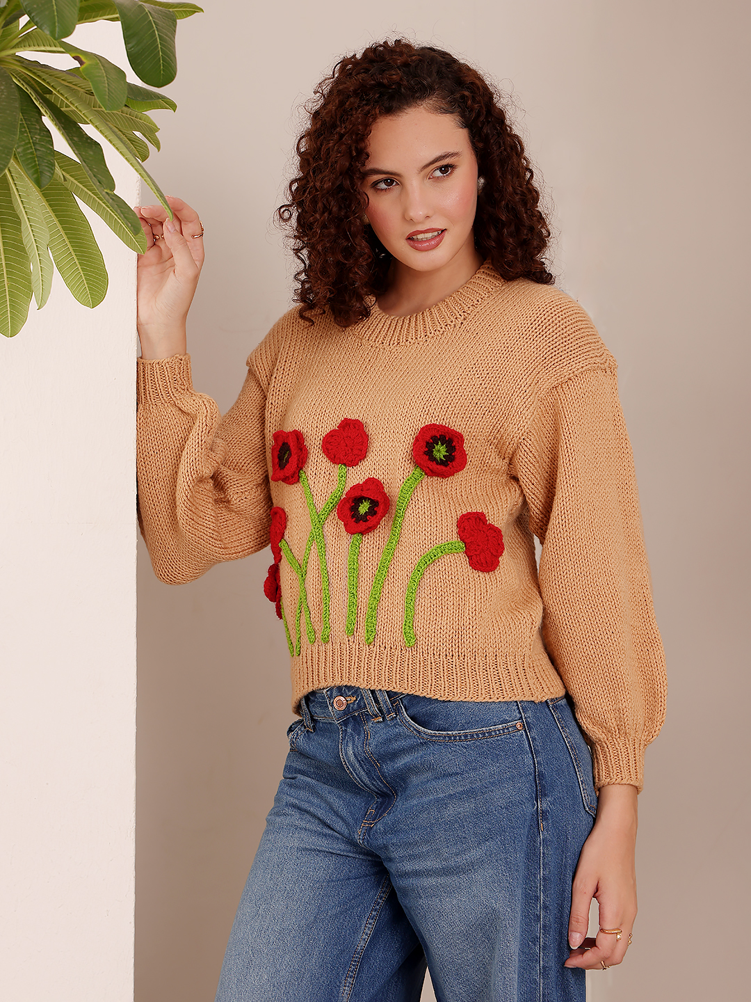 Embroidered Poppy Sweater - Beige