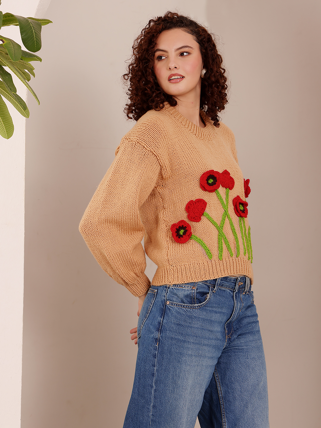 Embroidered Poppy Sweater - Beige