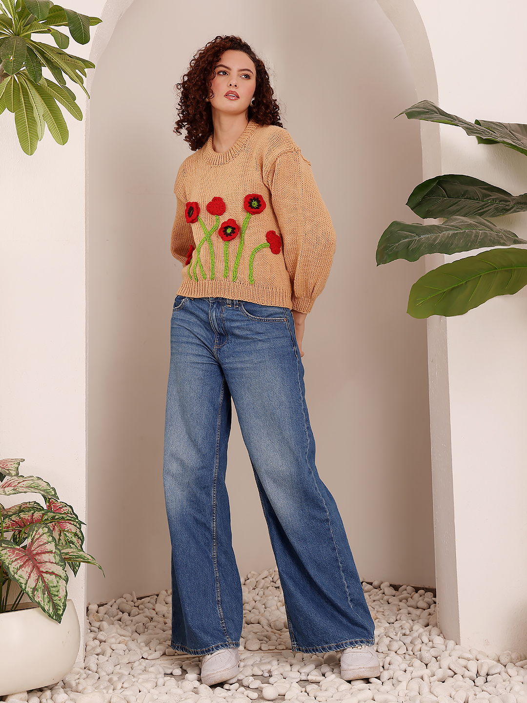 Embroidered Poppy Sweater - Beige