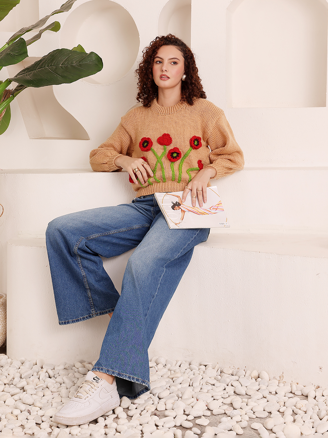 Embroidered Poppy Sweater - Beige