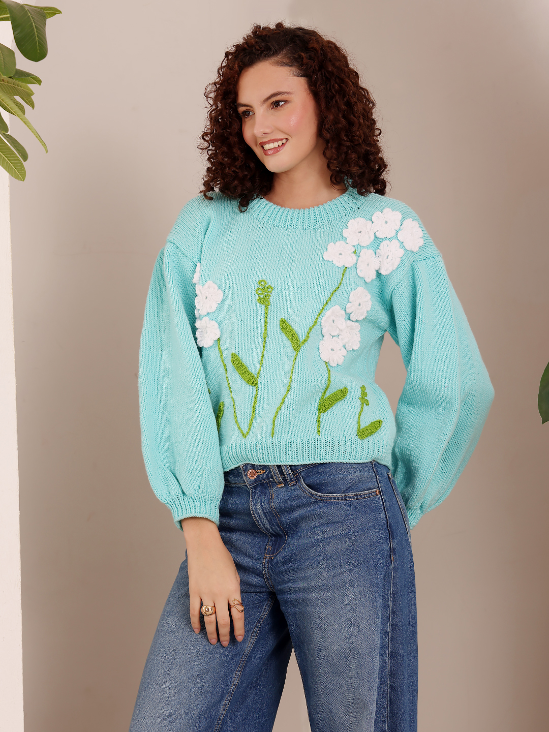 Baggy Knitted Floral Sweater - Sky Blue