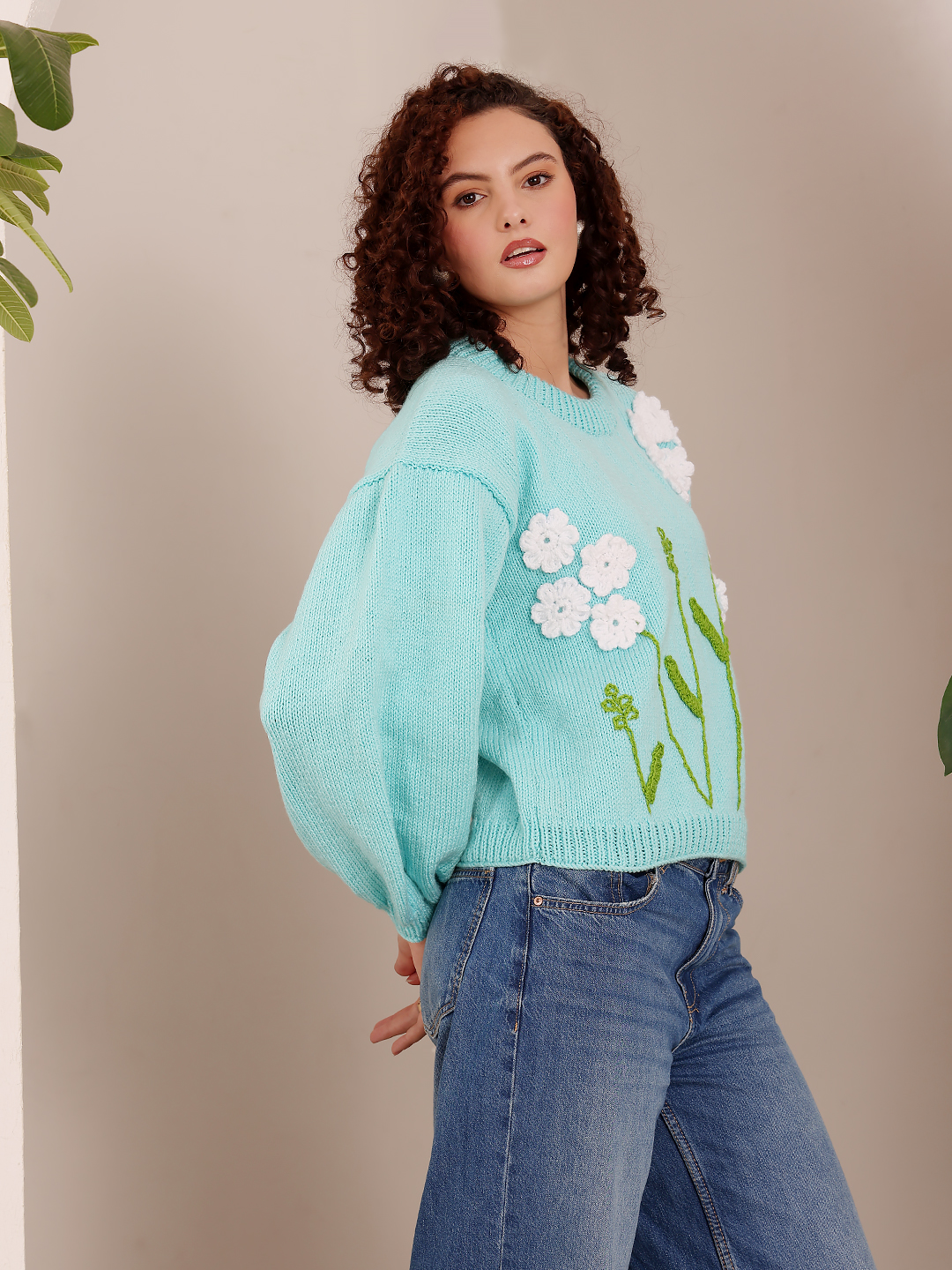 Baggy Knitted Floral Sweater - Sky Blue