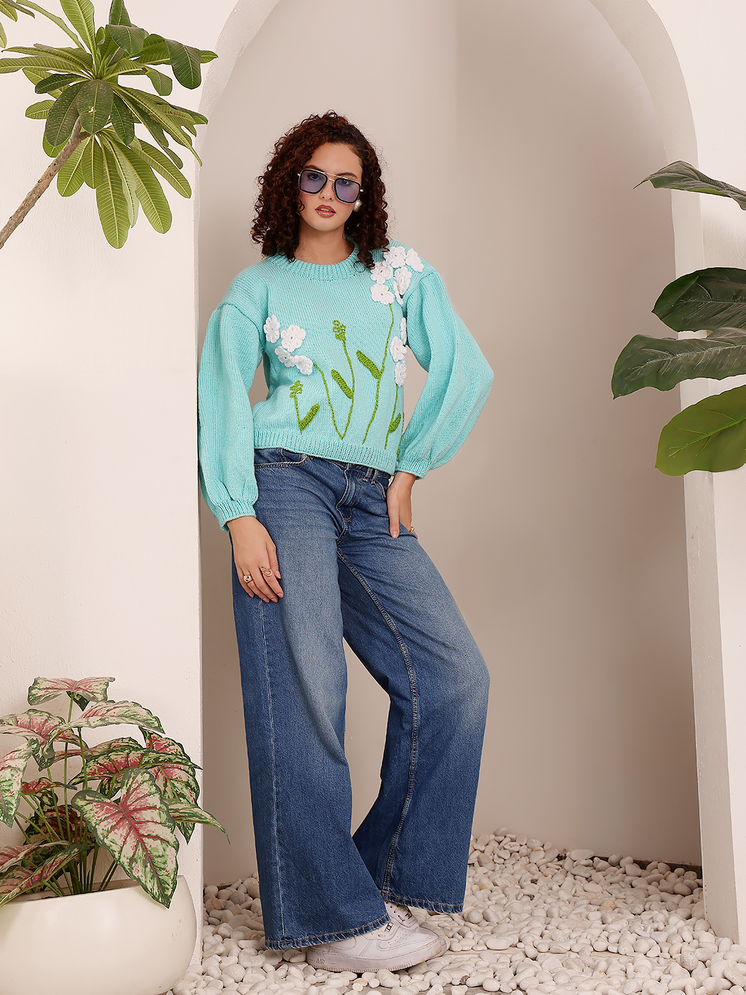 Baggy Knitted Floral Sweater - Sky Blue