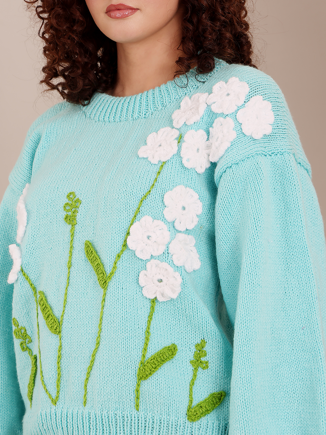 Baggy Knitted Floral Sweater - Sky Blue