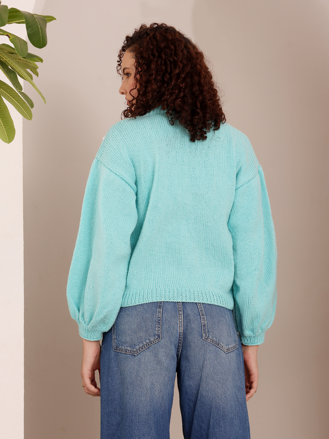 Baggy Knitted Floral Sweater - Sky Blue