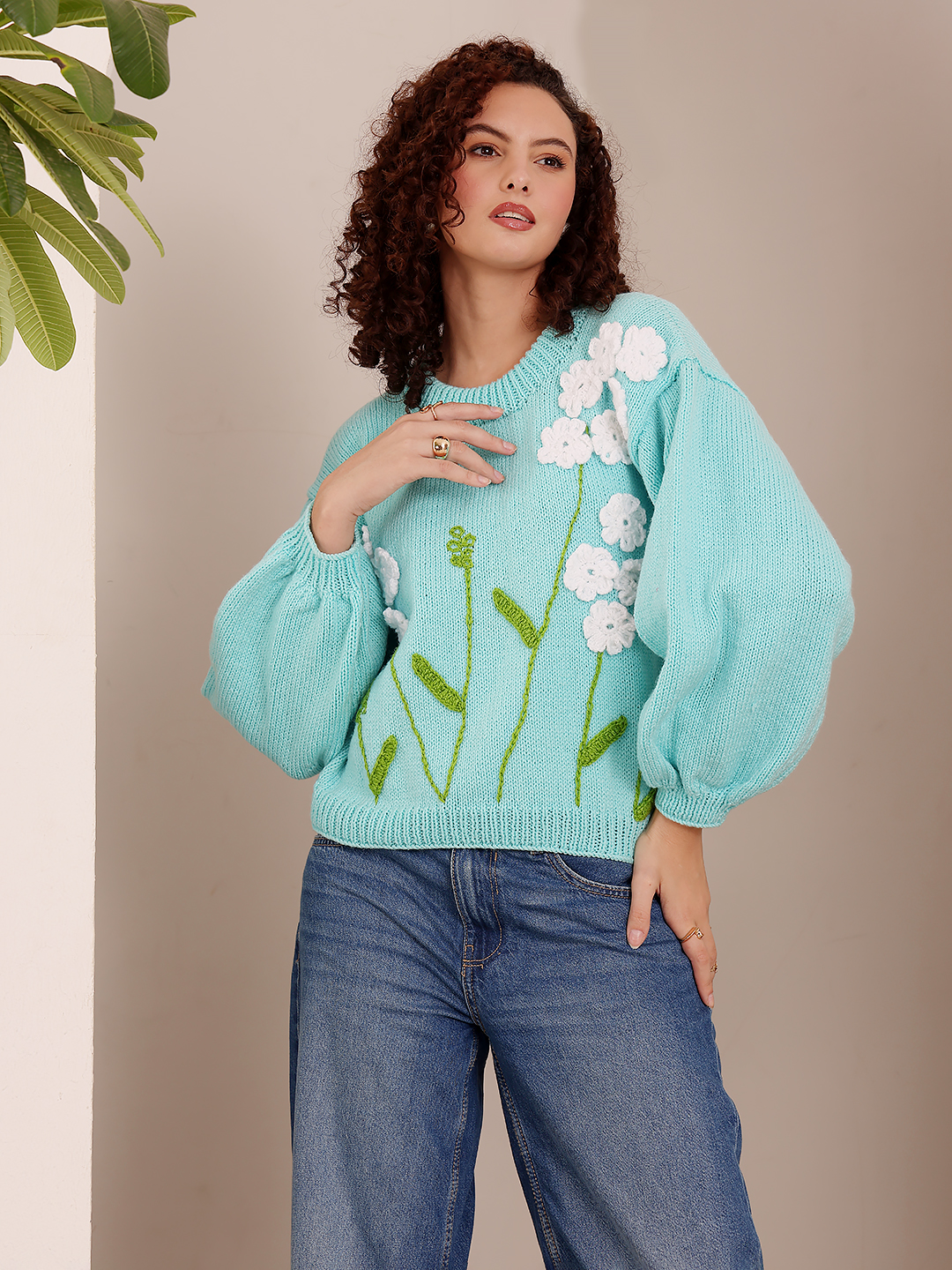 Baggy Knitted Floral Sweater - Sky Blue