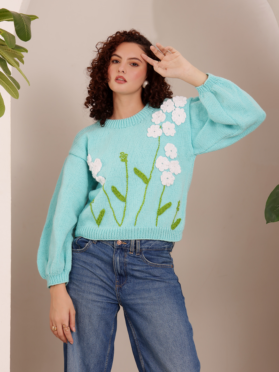 Baggy Knitted Floral Sweater - Sky Blue