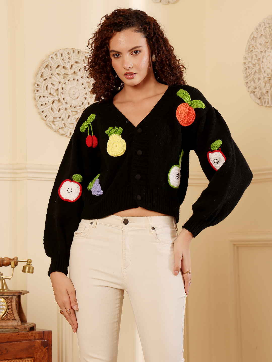 Fruit Embroidered Sweater - Black