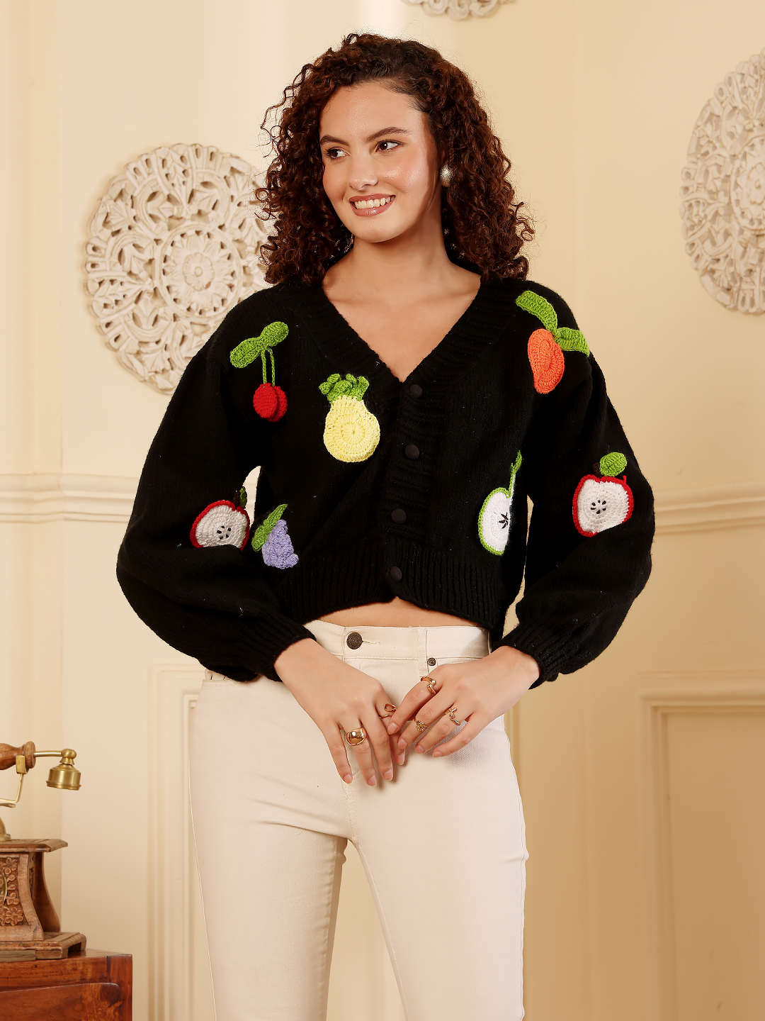 Fruit Embroidered Sweater - Black