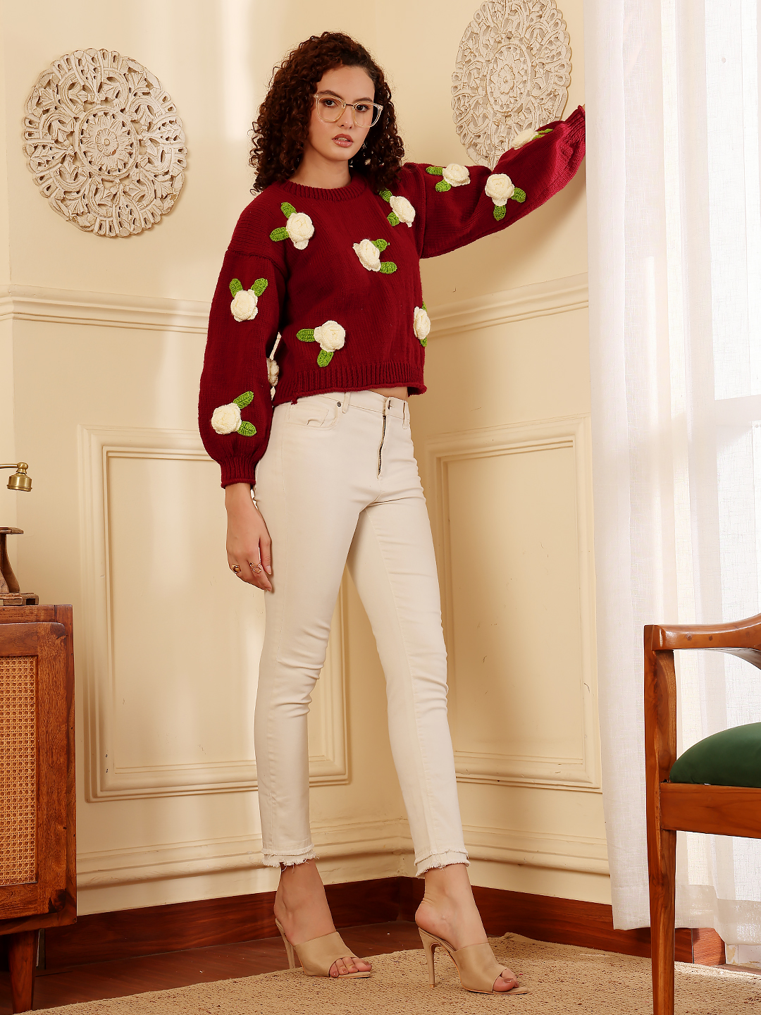 Chunky Knit Floral Sweater - Maroon