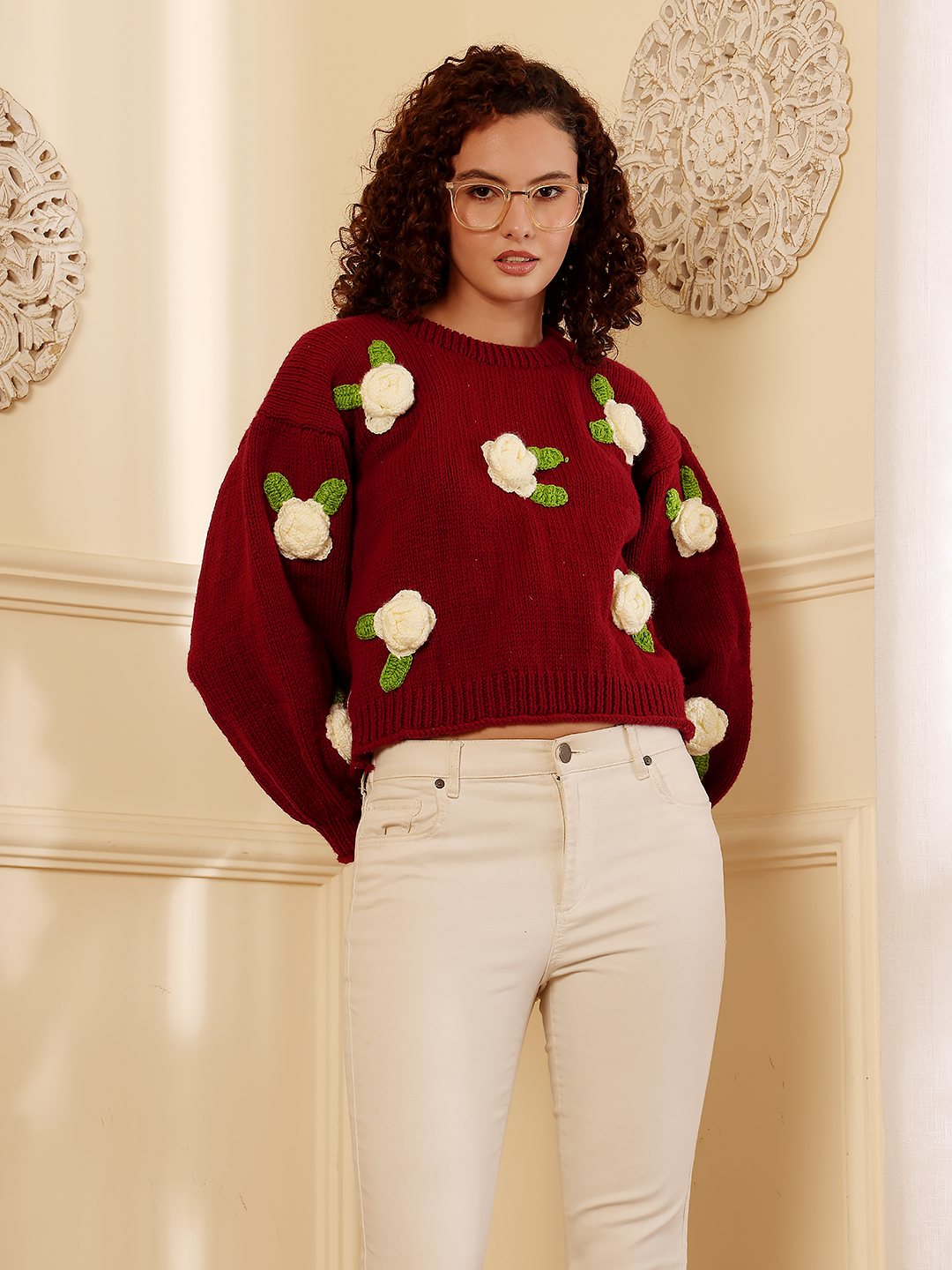 Chunky Knit Floral Sweater - Maroon