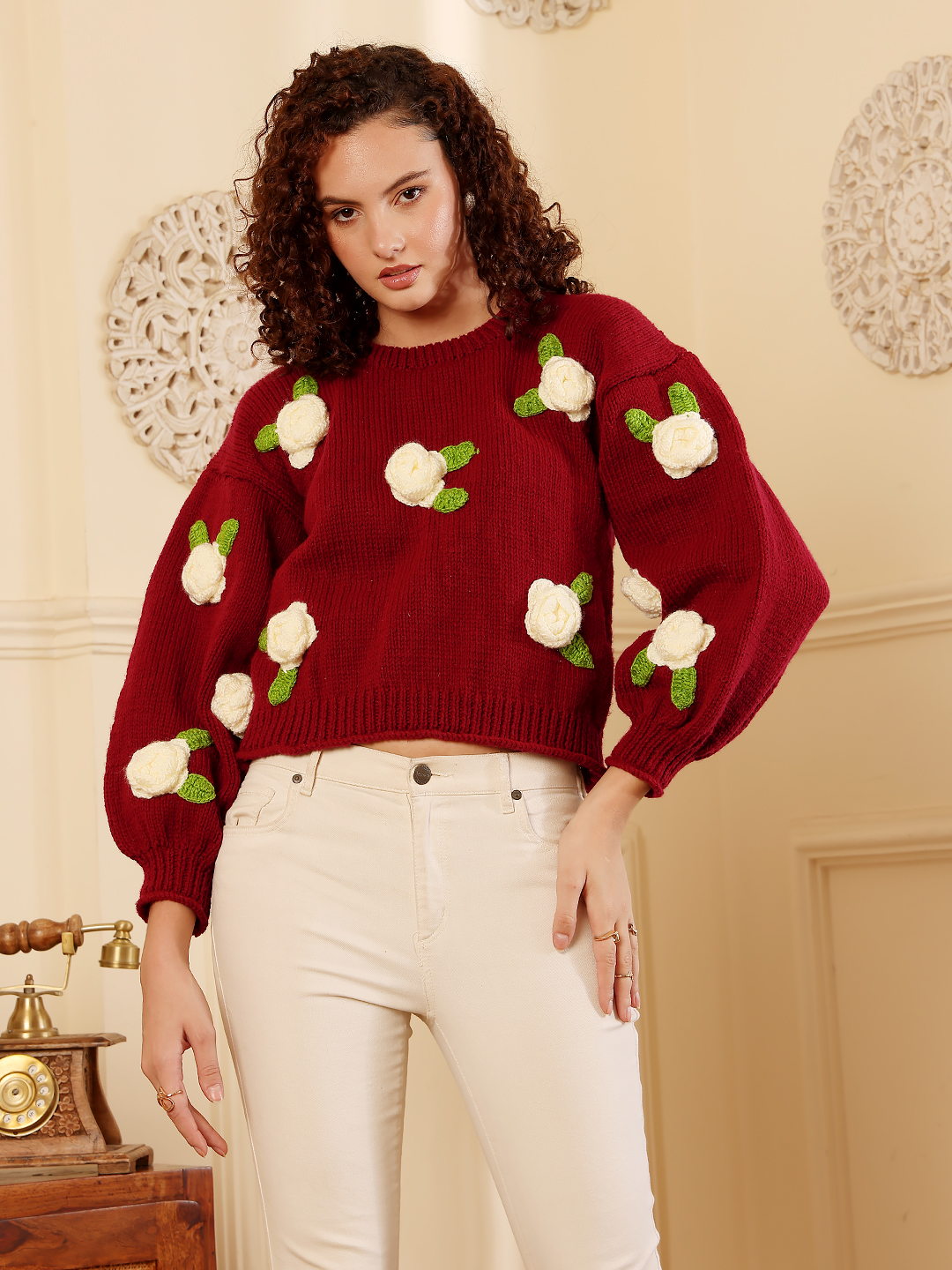 Chunky Knit Floral Sweater - Maroon