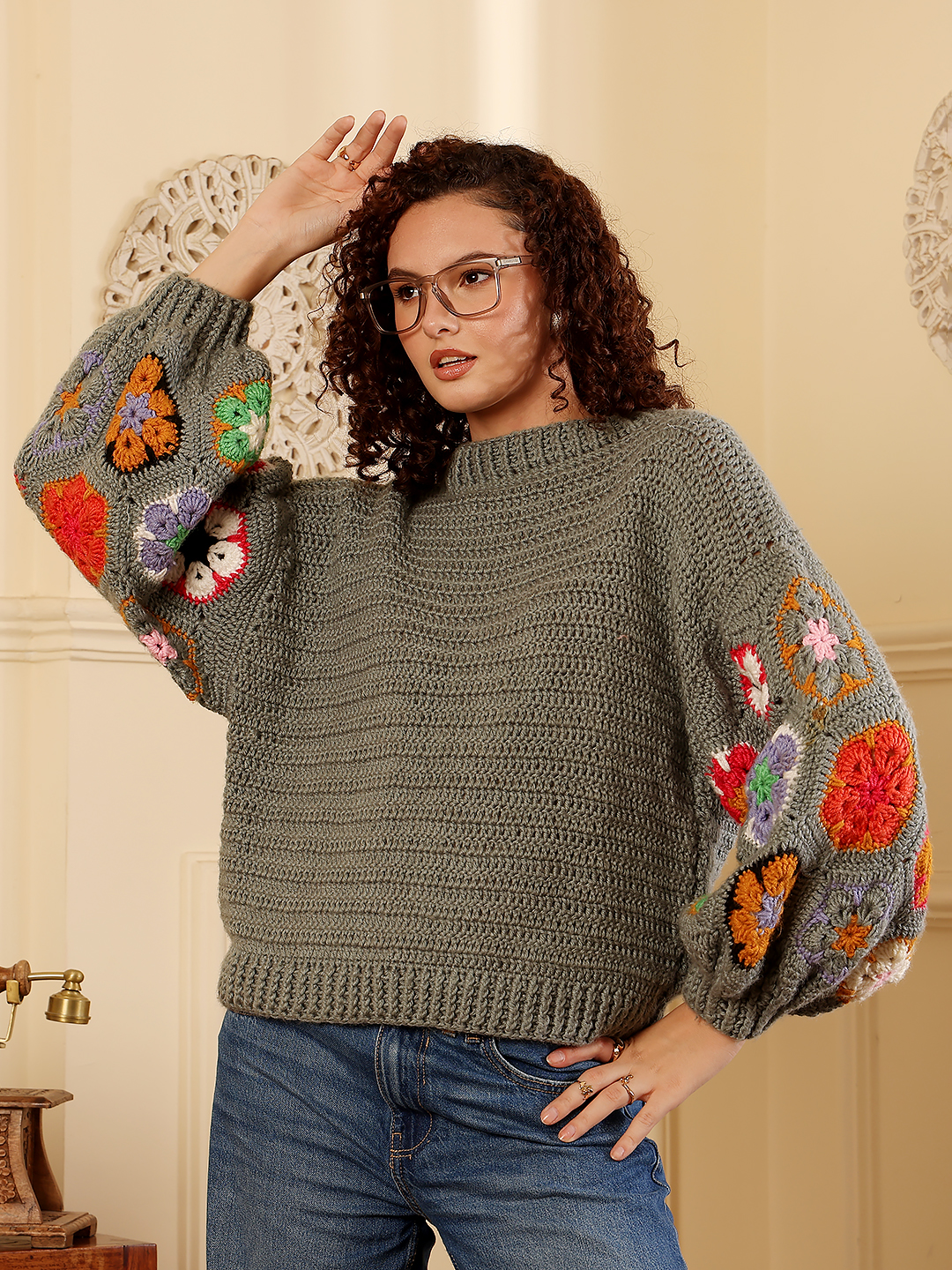 Crochet Pullover Sweater - Grey