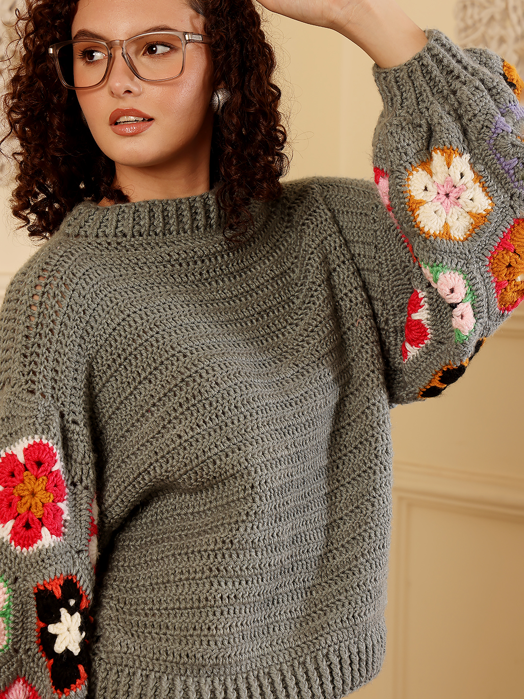 Crochet Pullover Sweater - Grey