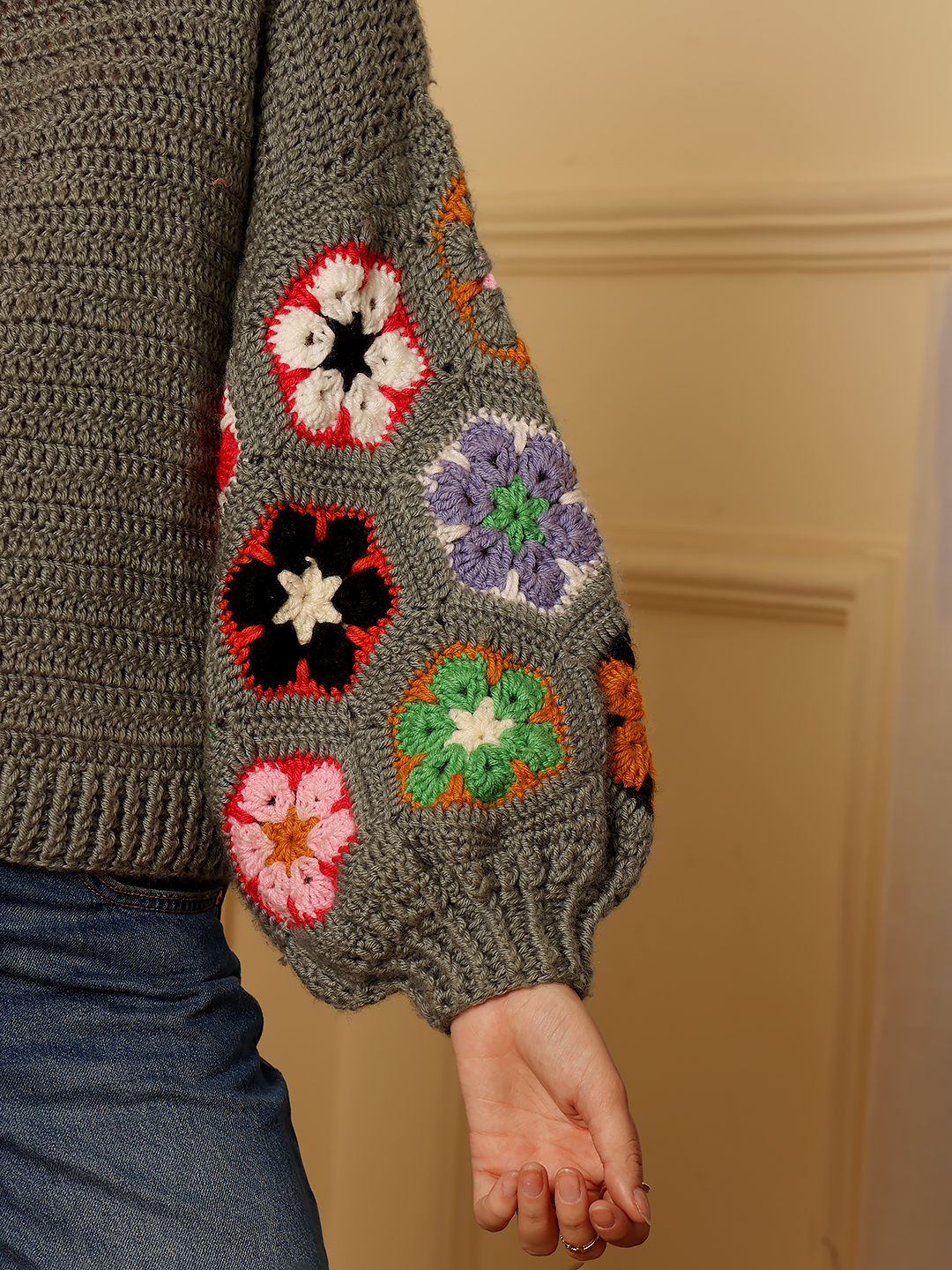 Crochet Pullover Sweater - Grey