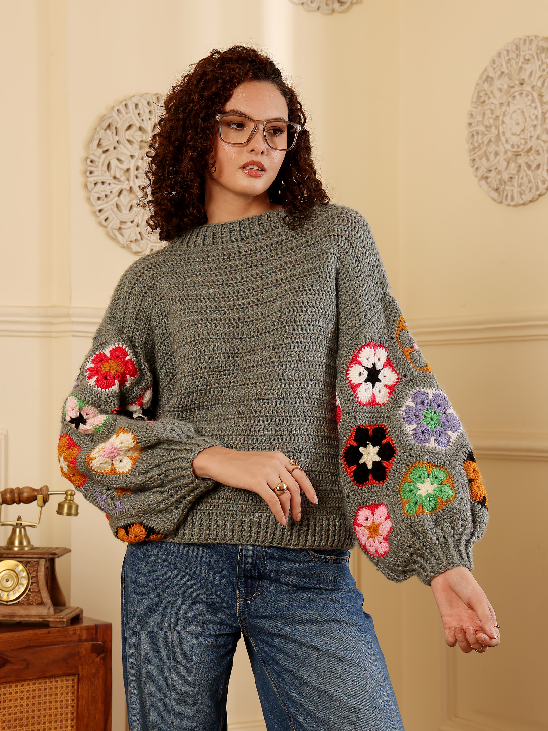 Crochet Pullover Sweater - Grey