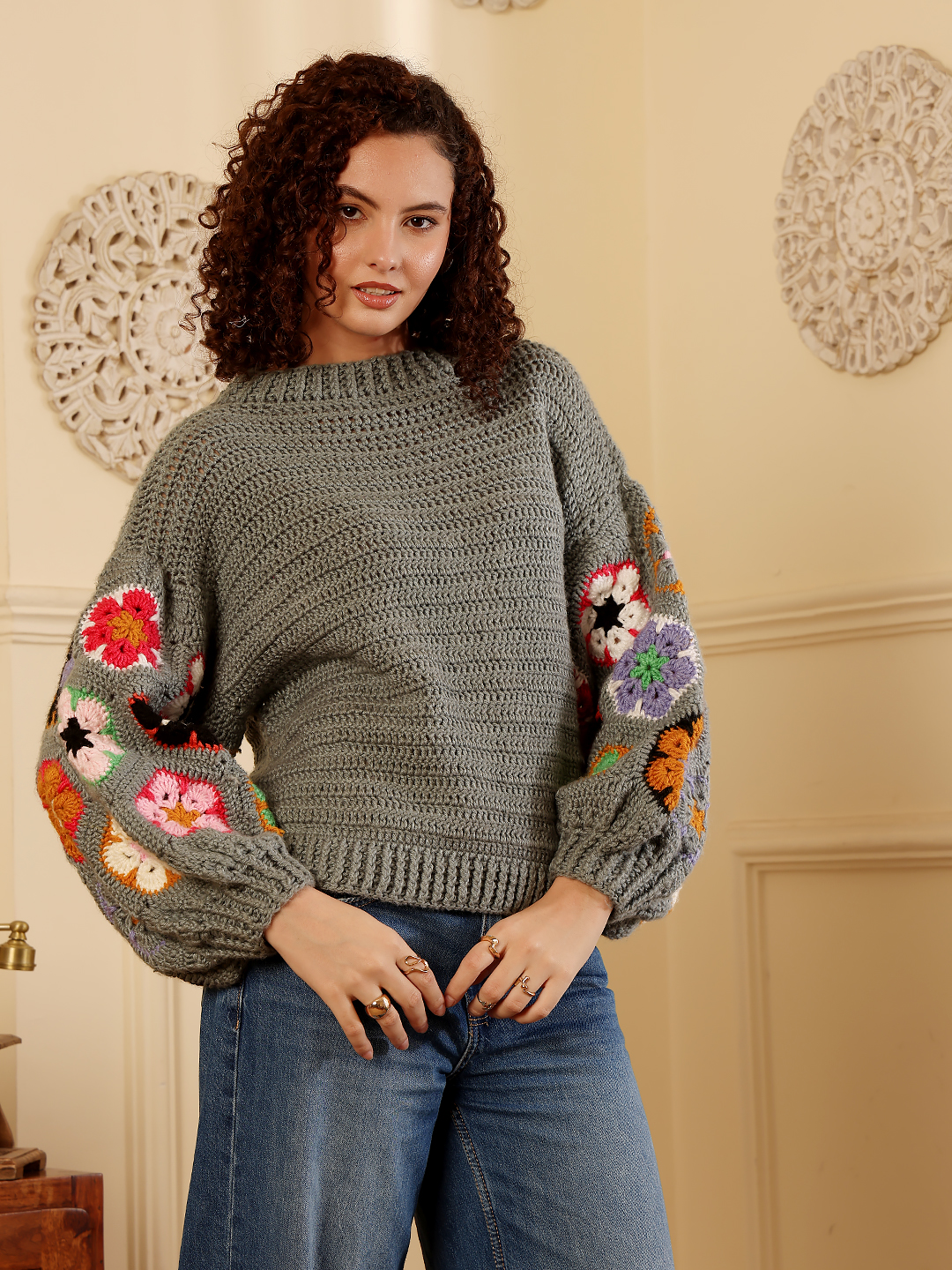 Crochet Pullover Sweater - Grey